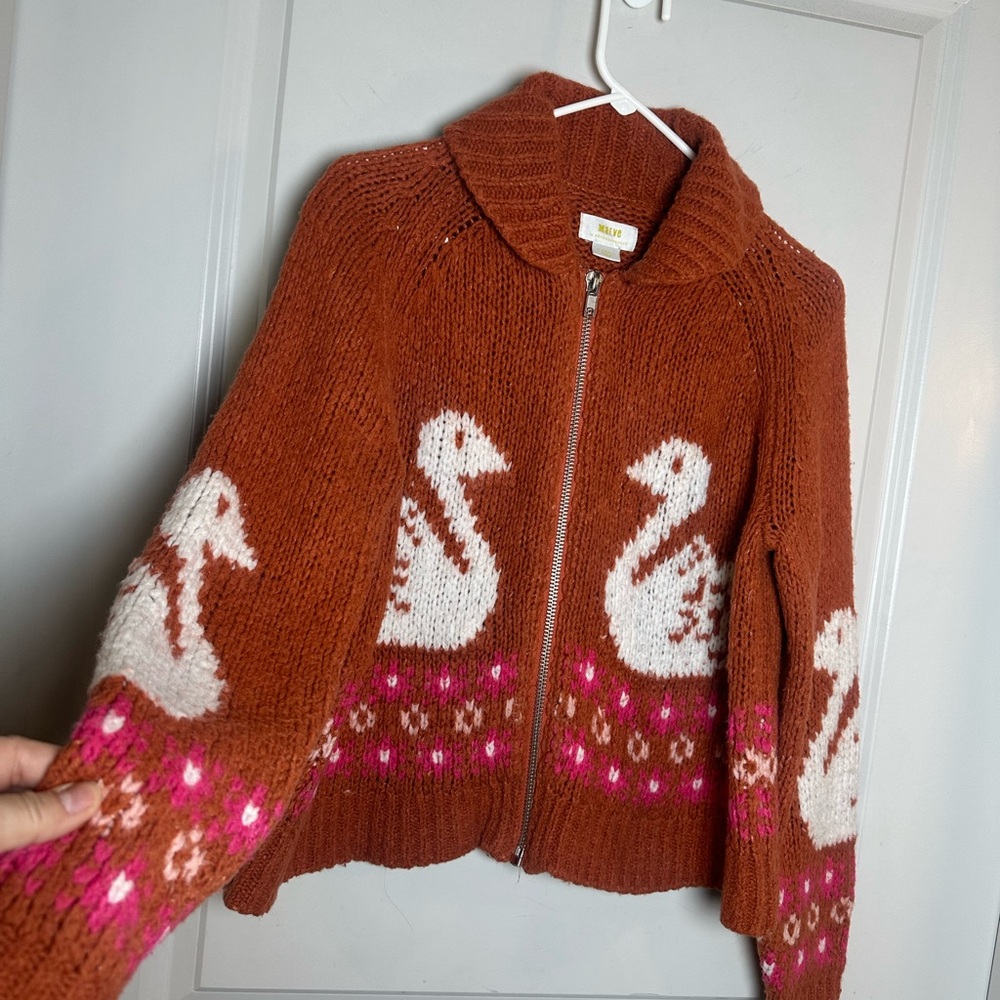 Anthropologie Maeve Rust Orange Swan Open Knit Wool Blend Zip Up Sweater, XS - Picture 10 of 14